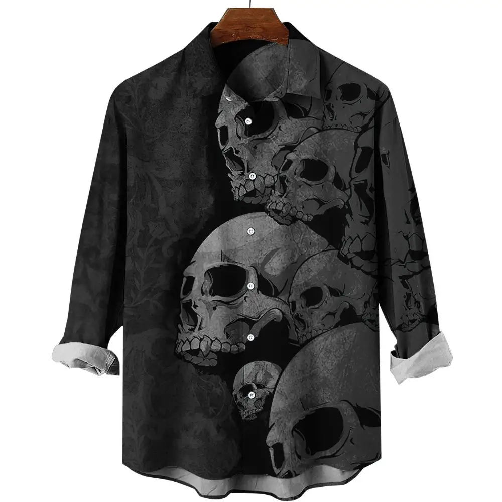 Skull Long Sleeve Shirt 3d Print Party Men\'s Shirt Retro Street Casual Fashion Men Skull Button Long Sleeve Shirt Men Clothing