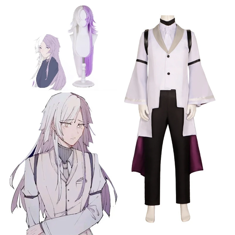 Bungou Stray Dogs Anime Sigma Σ Cosplay Costume Coat Shirt Pants Tie Full Suit White Purple Wig Outfit Halloween Role Play