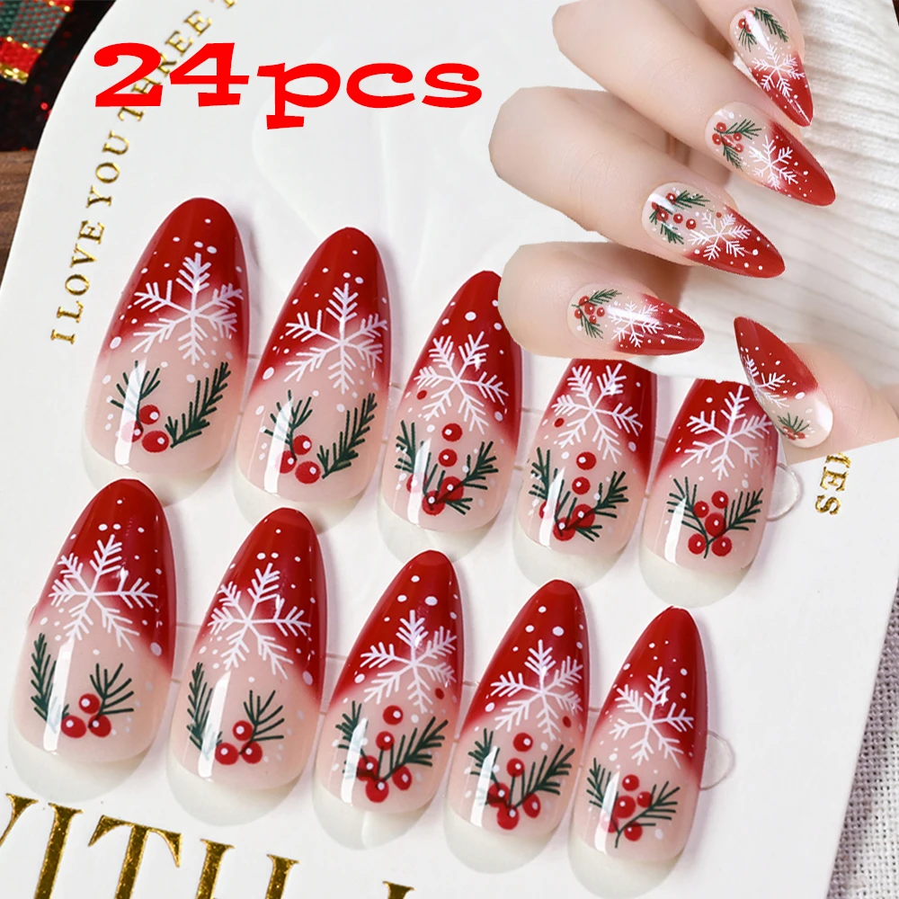 

24 шт., рождественские миндалевидные накладные ногти, снежинка, ледяной лист, носимые прессы на ногтях, сделай сам, полное покрытие, французские накладные ногти, наращивание