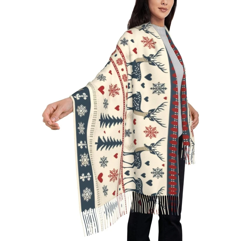 

Christmas Fuzzy Scarf Winter Warm Shawl Scarf for Women Fashion Tassel Long Scarves Fun Gingerbread Pine Needles