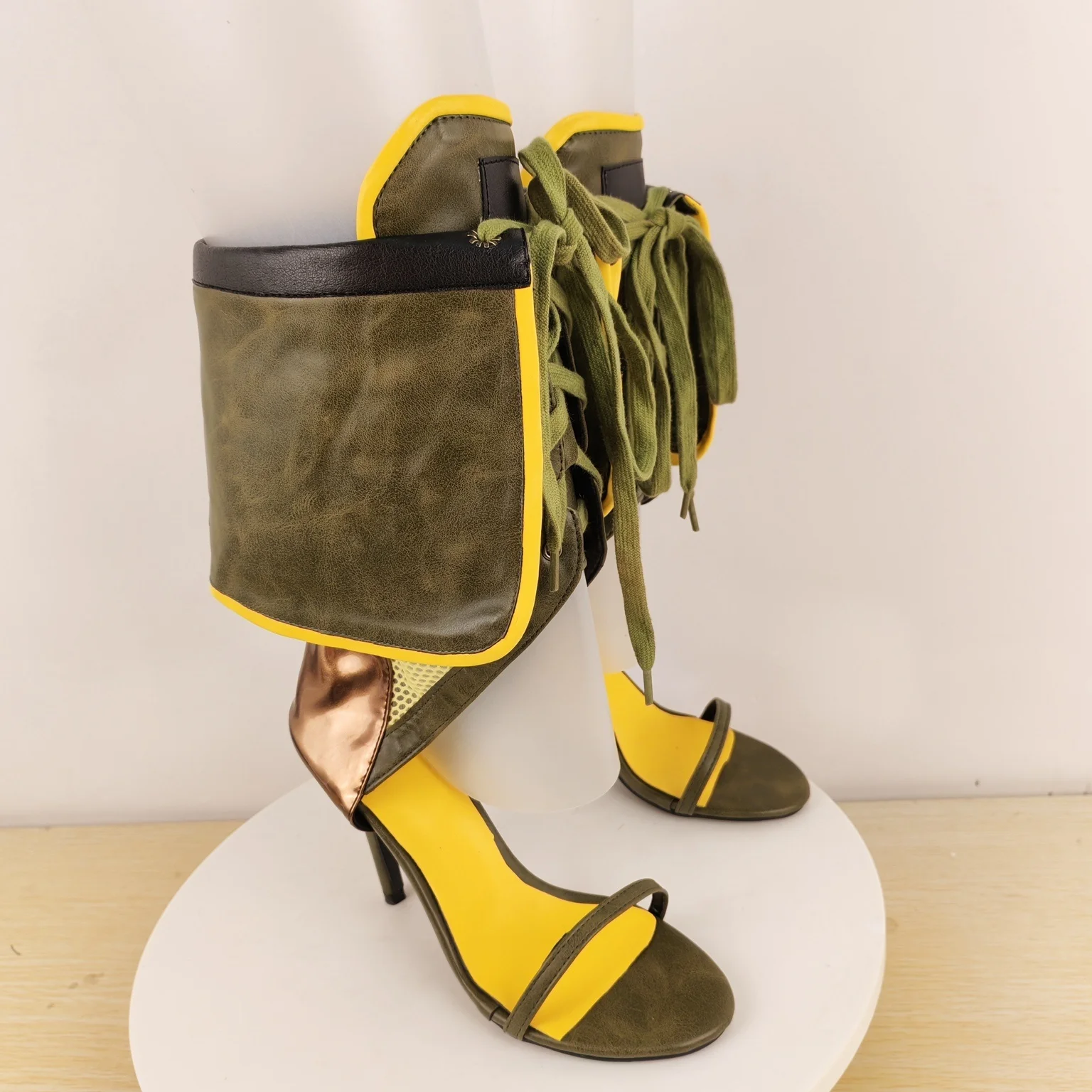 Women Olive Green Knee-High Heeled Sandals Foldover Cuff with Fringed Lace-Up Detail for Festivals Cosplay Bold Utility Fashion