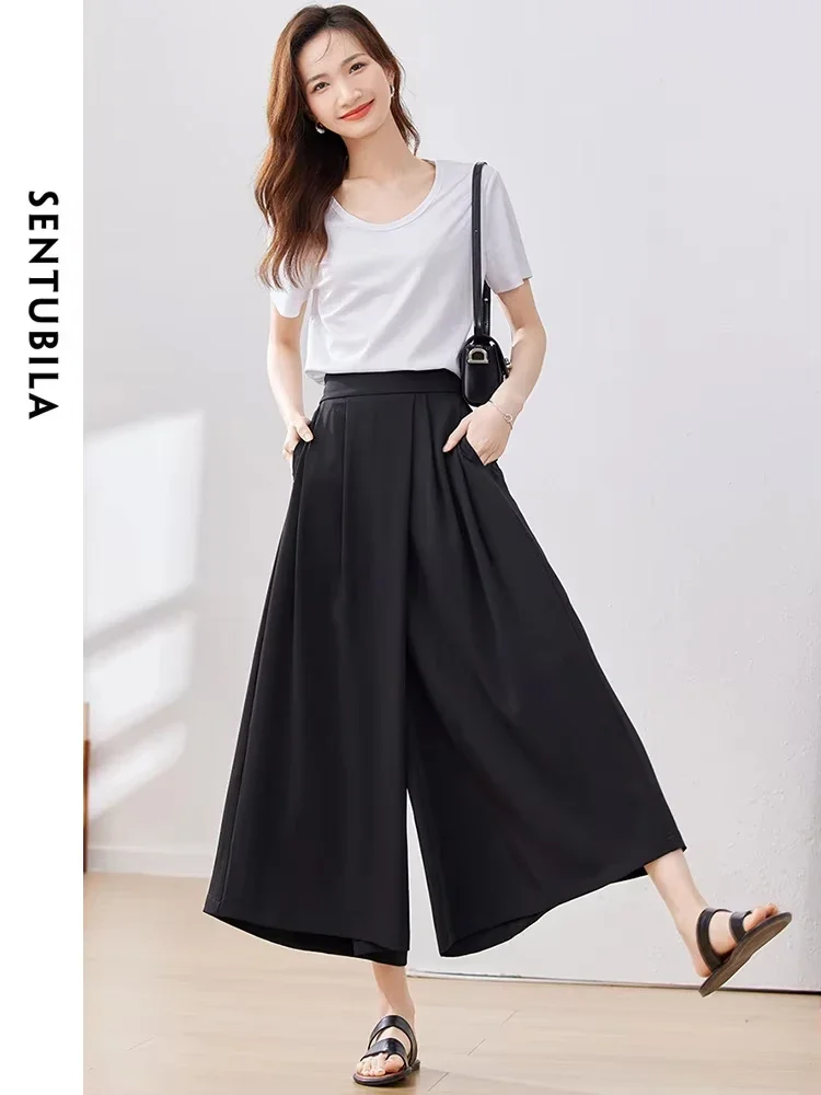 

SENTUBILA Skirt Pants Woman 2025 Spring New Loose Pleated Wide-Leg Cropped Casual Pant Office Lady Breathable Culottes 132K49320