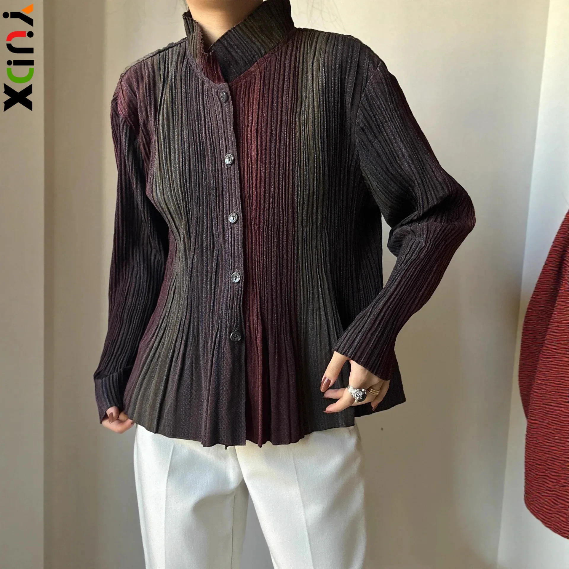 

YUDX Gradient Burgundy-Olive Miyake Pleated Button Down High Neck Top, Long Sleeve Women's Casual Modern Stylish Soft Blouse