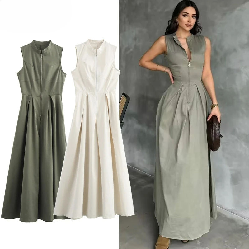 

Female Dress Sleeveless Maxi Dress Women Pleated Zipper Party Dresses Fashion Slim Long Dresses Vacation Casual Dress Woman