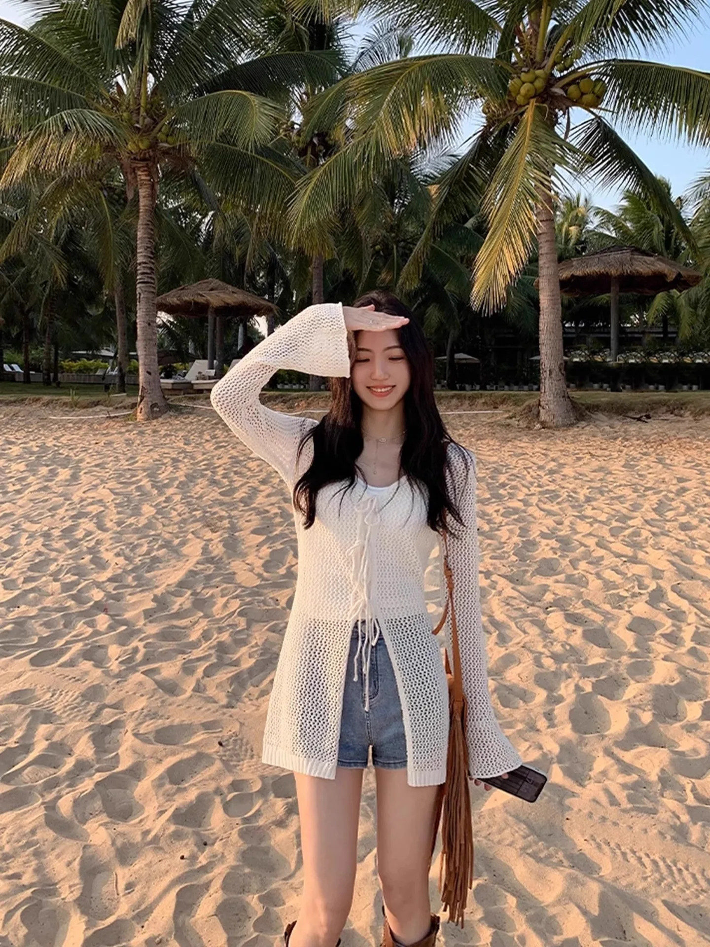 Women's Hollow Out Sun Protection Knit Cardigan, Thin Summer Outerwear Tie Top, Mid-Length Air-Conditioning Shirt Ice Silk