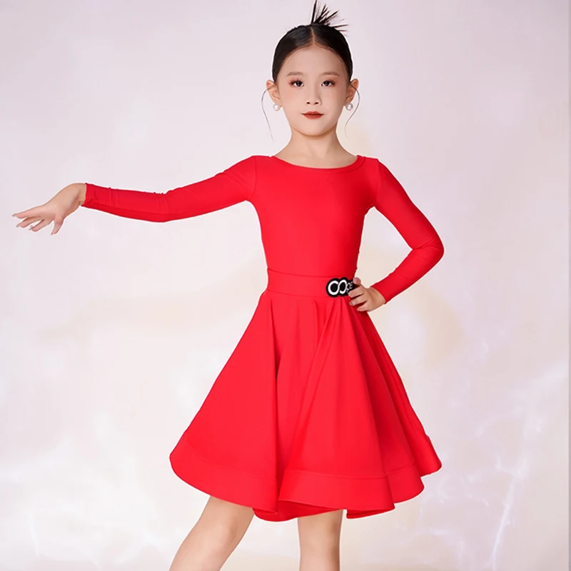 Rotes lateinamerikanisches Tanz-Wettbewerbskleid für Mädchen, professionelles Performance-Kostüm, Rundhalsausschnitt, lange Ärmel, Tanzanzug für Kinder, lateinamerikanisches Kleid 2031
