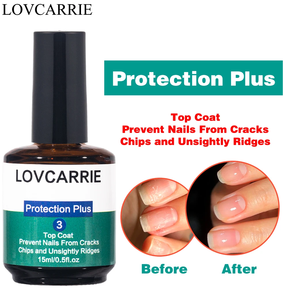 LOVCARRIE Nail Protection Plus 3 Top Coat 15ML Long Wear Healthy Shine Finish Shield Solution Repair Split Chip Damaged Nails