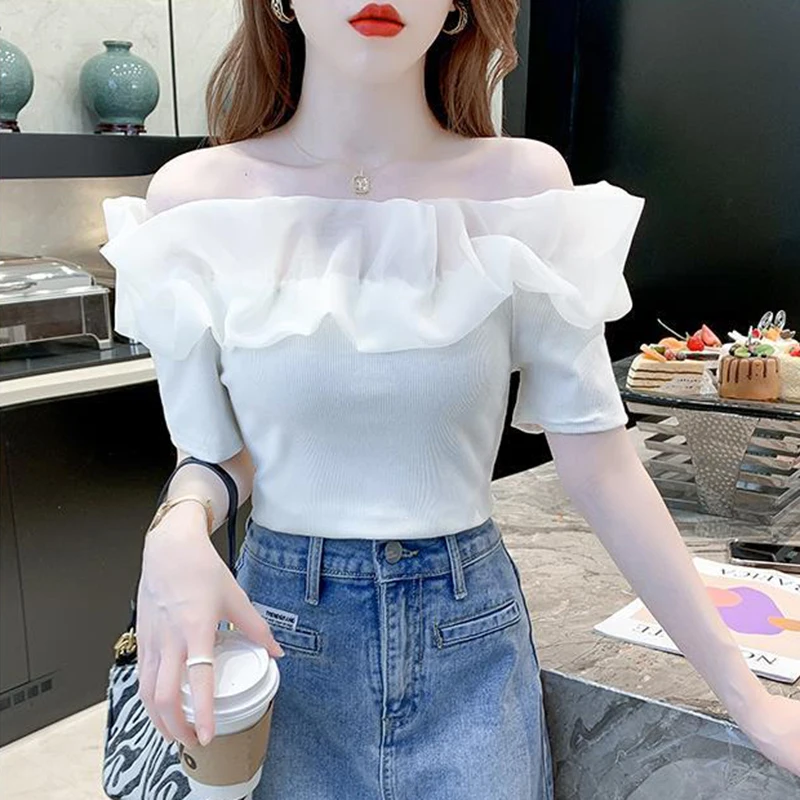 Women Slash Neck Shirt Korean Sexy Off Shoulder Patchwork Short Sleeve Female Blouse Fashion New Ruffles All Match Ladies Shirt