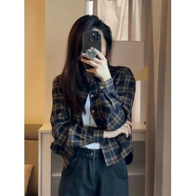 

Retro Plaid Women's Short Shirt Jacket Long Sleeve Top Chic Style Button Splicing Design Comfortable Fit Summer Fashion