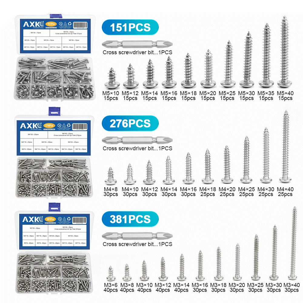 

AXK Cross Recessed Round Head Self Tapping Screw Set M3 M4 M5 304 Stainless Steel Pan Head Woodworking Metal Phillips Screw