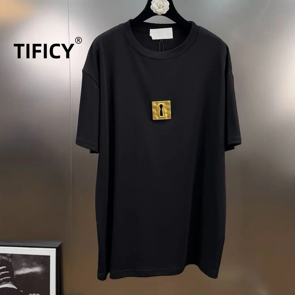 

High Street Cotton Tees Tshirts Women's Spring Round Neck Short Sleeved Heavy Metal Decoration Loose Casual T-shirt Top