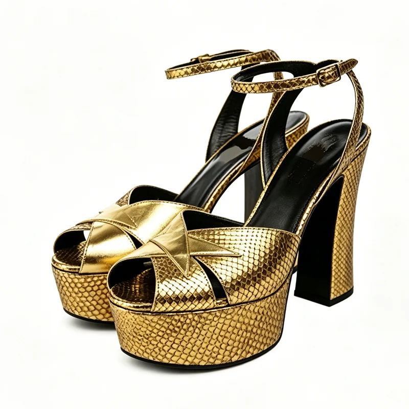 Gold Fish Scale Pattern Leather Platform Sandals Sexy Round Toe Thick Heels Customized New Arrivals Fashion Women Modern Shoes