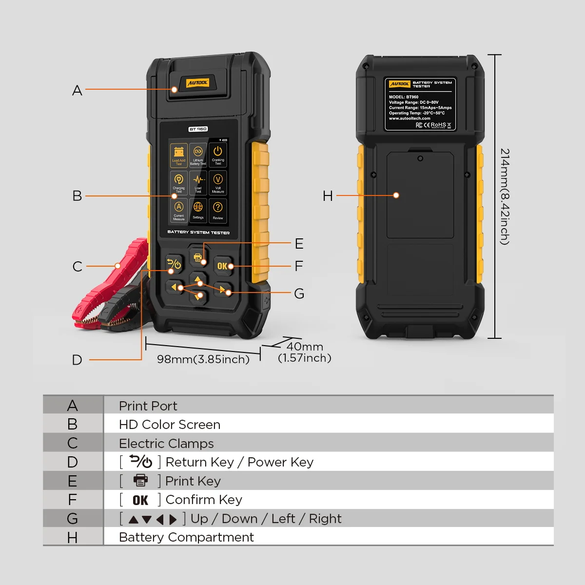 AUTOOL BT960 battery test ranges