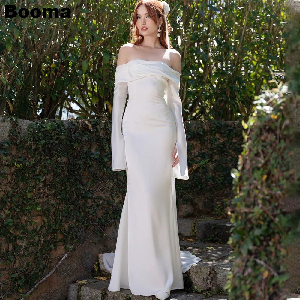 Booma Simple Elegant Mermaid Wedding Dresses Boat Neck Long Sleeves Bridals Evening Dress for Women Lace Up Bridals Prom Gowns