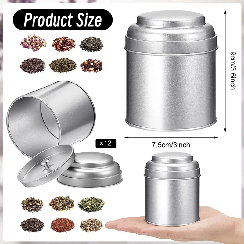 ABWR-12 Pcs Tea Tin Canister With Airtight Double Lid 8Oz Round Tin Can Box Small Kitchen Tea Canister Loose Leaf