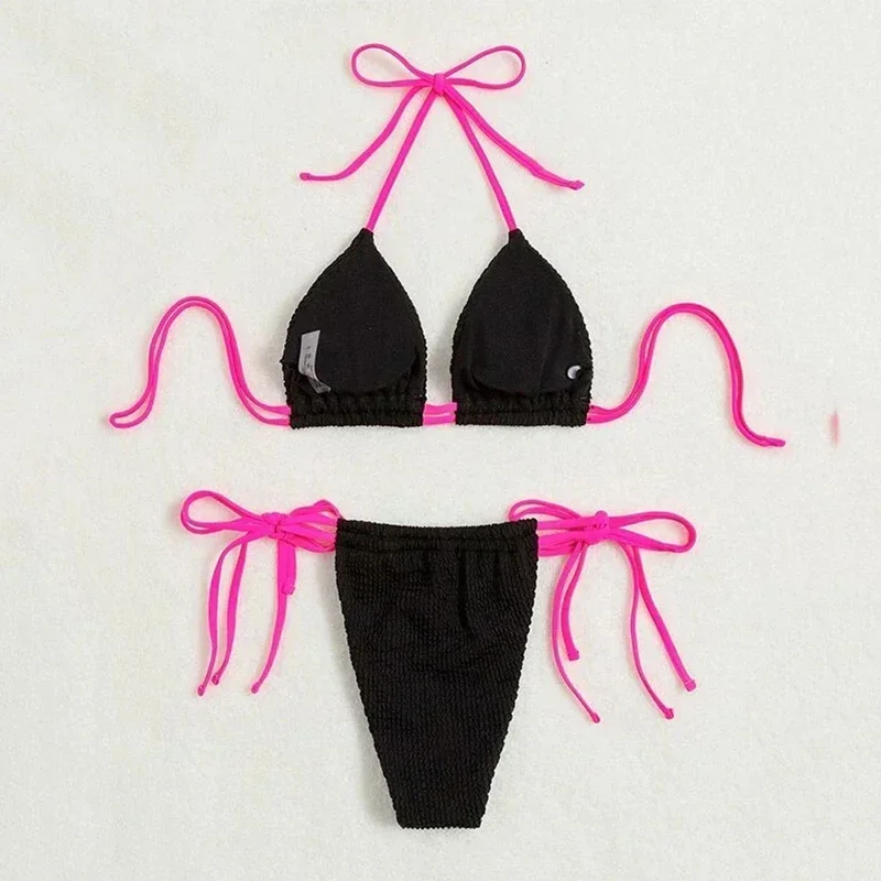 

Сексуальные черные стринги с лямкой на шее, треугольные стринги, комплекты микро бикини для женщин, купальники, морщинистый купальник, купальный костюм, бикини 2025 Mujer