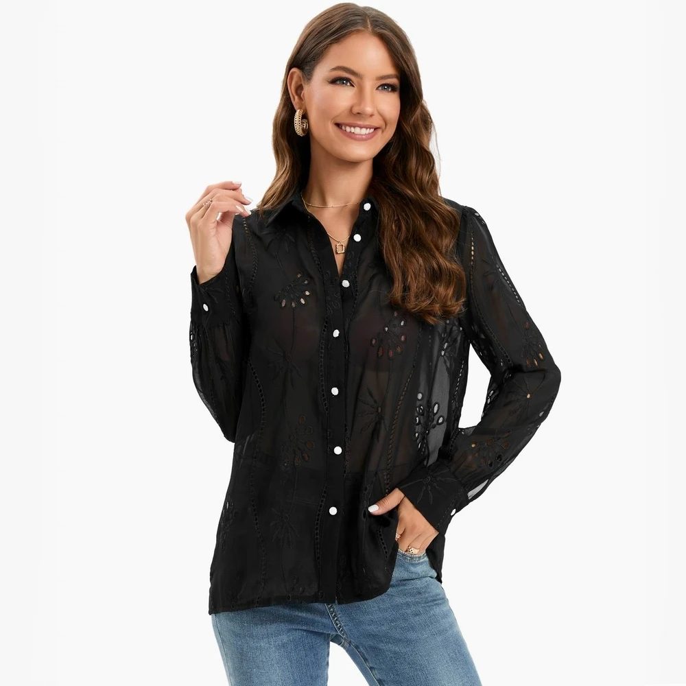 Black Chiffon Shirt Women 2023 New Fashion Transparent Top Wears Preppy Lady Embroidered Lace Blouse