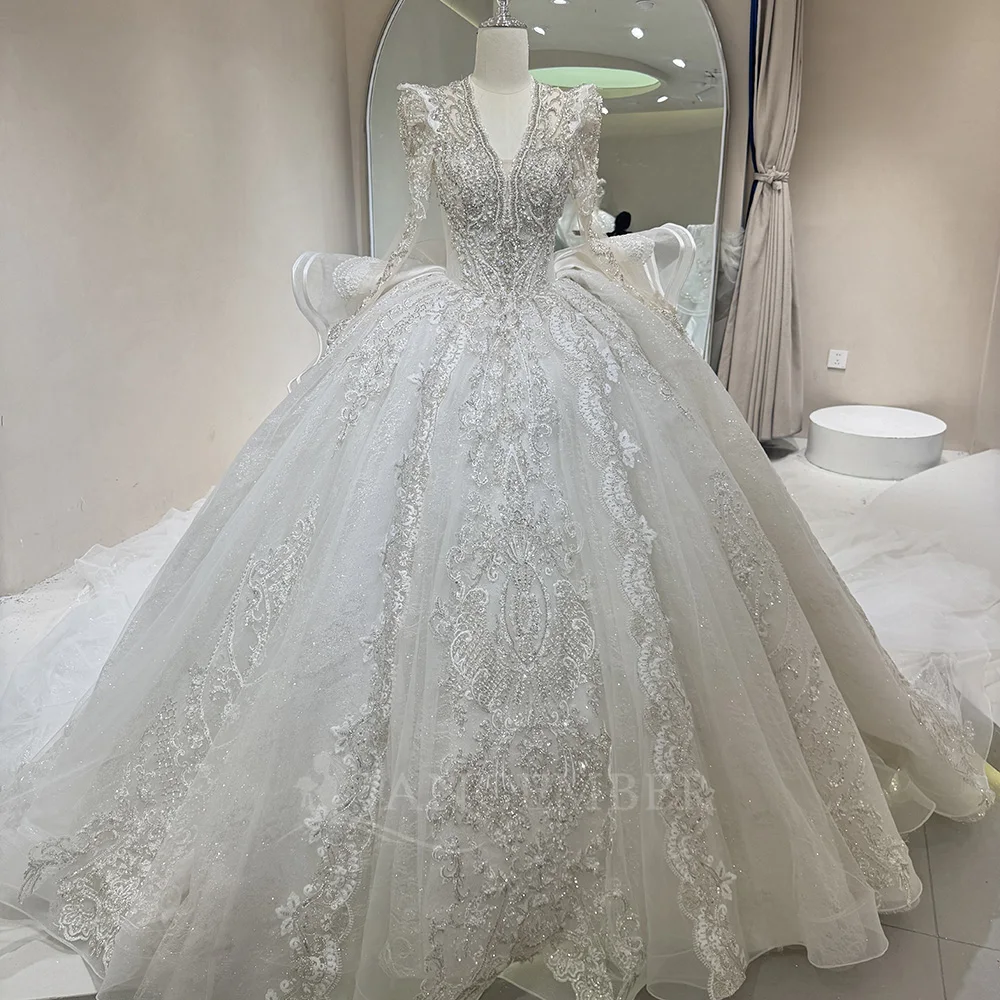 

Vintage Wedding Dress Organza With Bow Ball Gown V-Neck Long Sleeves Bride Dress vestidos de novia boda Customized Court Train