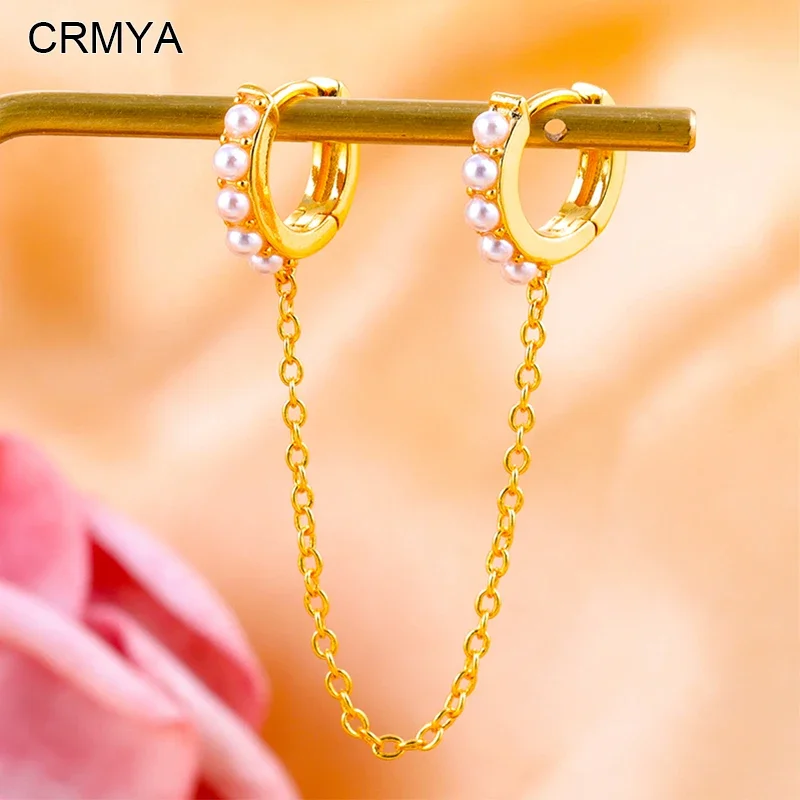 

CRMYA Gold-color Dangle Earrings For Women Imitation Pearl Piercing Double Hoop Chain Earrings 2023 Womenjewelry Wholesale