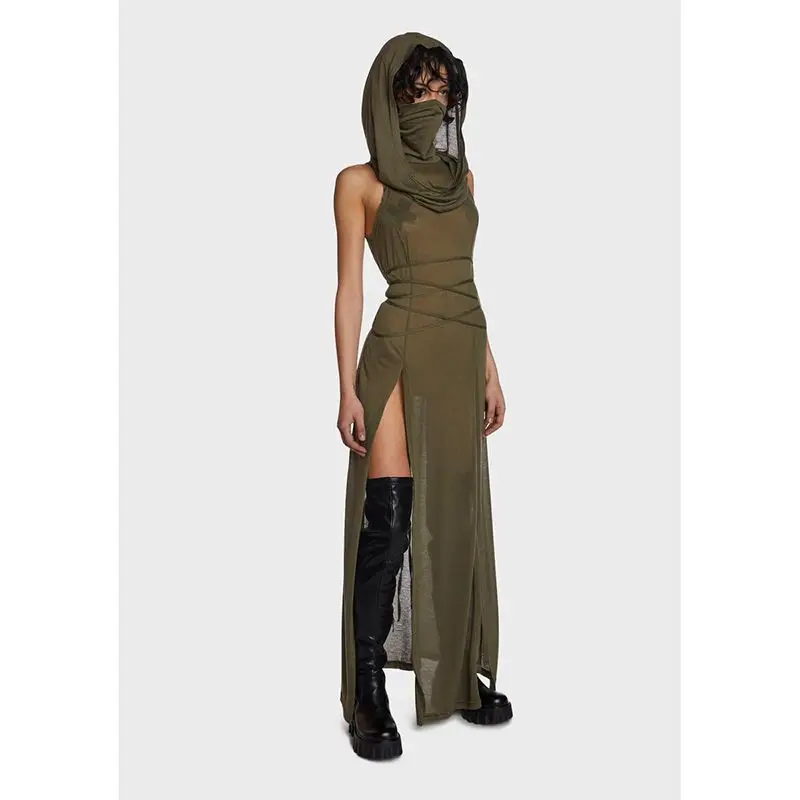 Subcultural Spicy Girl Sand Dune Wasteland Style Hooded Sleeveless Dress With Personalized Slimming Straps And High Slit Long