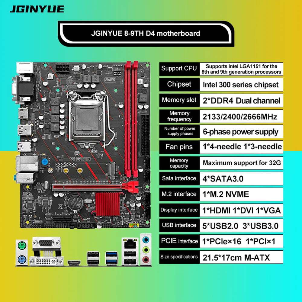 JGINYUE M-ATX 8-9TH D4 LGA 1151 Motherboard Support in tel Core I3 8100/i5 8400/i7 8700/i3 9100/i5 9400/i7 9700 CPU DDR4