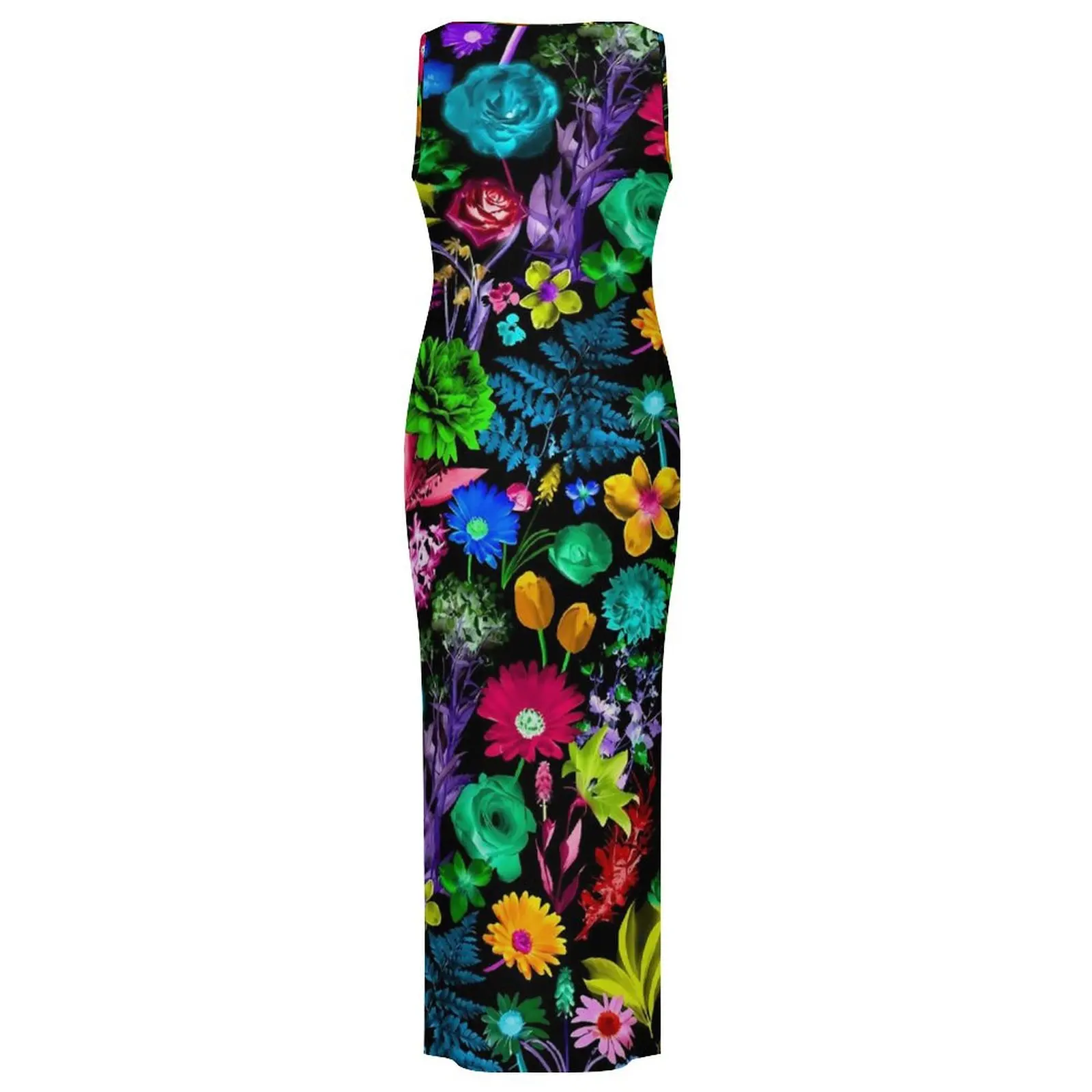 Colorful Floral Print Bodycon Dress Summer Glowing Garden Vintage Maxi Dresses Woman Sleeveless Y2K Fashion Dress Large Size