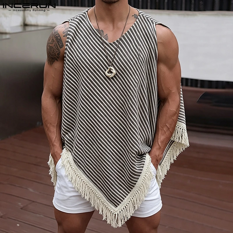 INCERUN Herren-Tanktops mit unregelmäßiger Form, Quasten, Streifenmuster, Patchwork-Design, V-Ausschnitt, ärmellos, Herrenbekleidung, Streetwear, modisch, locker geschnitten, Herren-Westen, Oberteile.