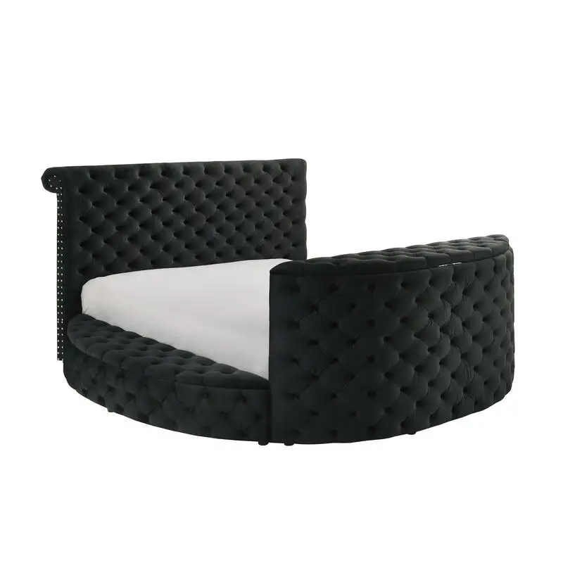 

Luxurious King Size Bed with Deep Tufted Headboard, Nail Head Trim, Upholstered Black Velvet, Integrated TV Lift, Built-in