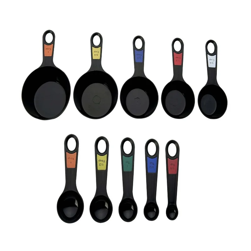 

10Piece Plastic Nesting Measuring Cup And Spoon Set Professional Black Durable EasyToRead Labels Kitchen Baking Cooking Utensils