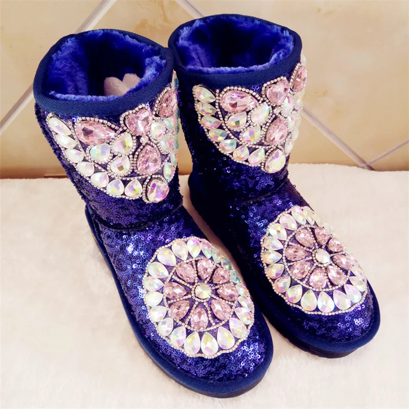 Winter new hand diamond-encrusted gemstone sequin tube flat warm women\'s boots cotton shoes fur one snow boots35-44