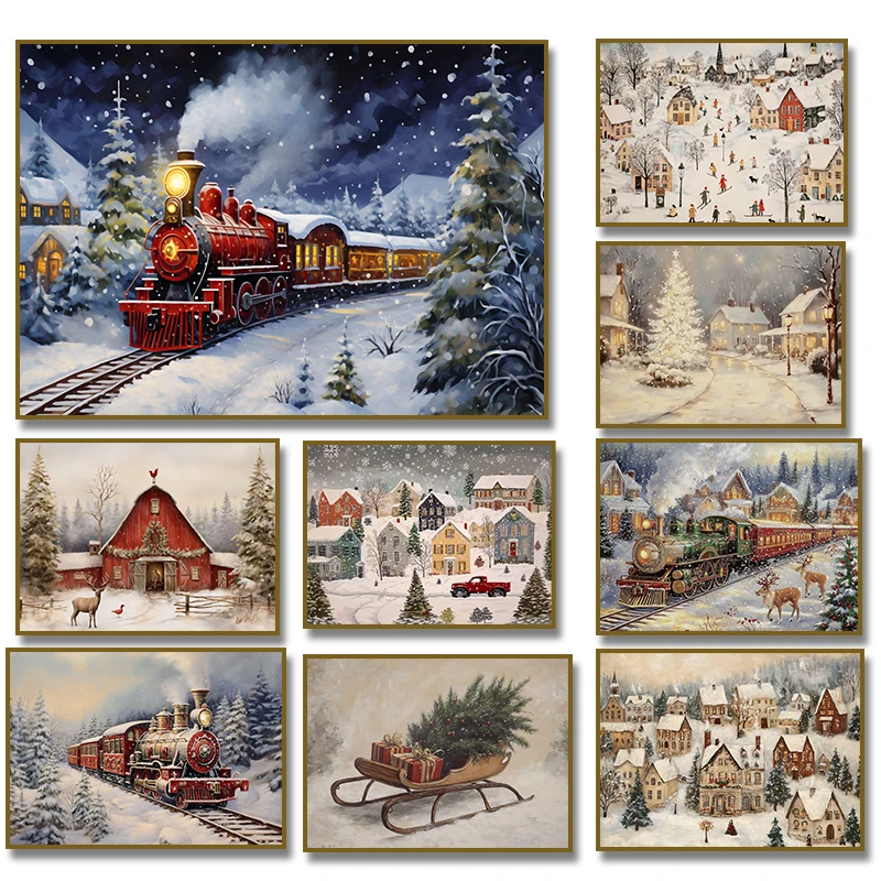Vintage Christmas Train Holiday Winter Snow Farmhouse Town  Village Poster Print Canvas Painting for Living Room Home Decor