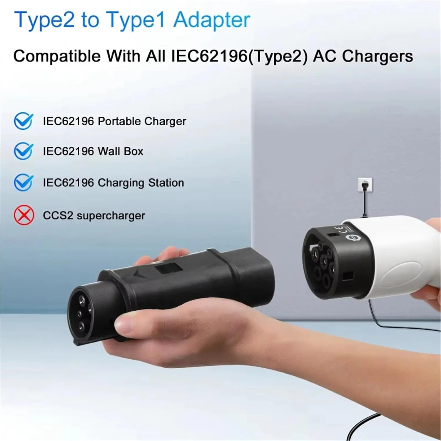 Roiea Type 2 to Type 1 SAE J1772 EV Charging Adapter EVSE Charging Connector 32A AC 110V‑250V For Type 1 Electric Vehicles