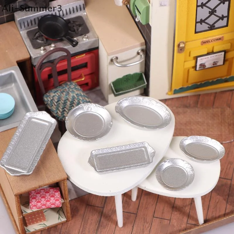 6Pcs 1/12 Dollhouse Silver Dinner Plate Food Tray Model Dollhouse Kitchen Tableware Decoration Toy Dolls House Accessories