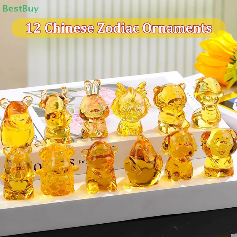 Crystal Mini Twelve Zodiac Ornaments Cute Little Animal Model Mouse Ox Tiger Rabbit Dragon Snake Desktop Decor Home Decor Gifts