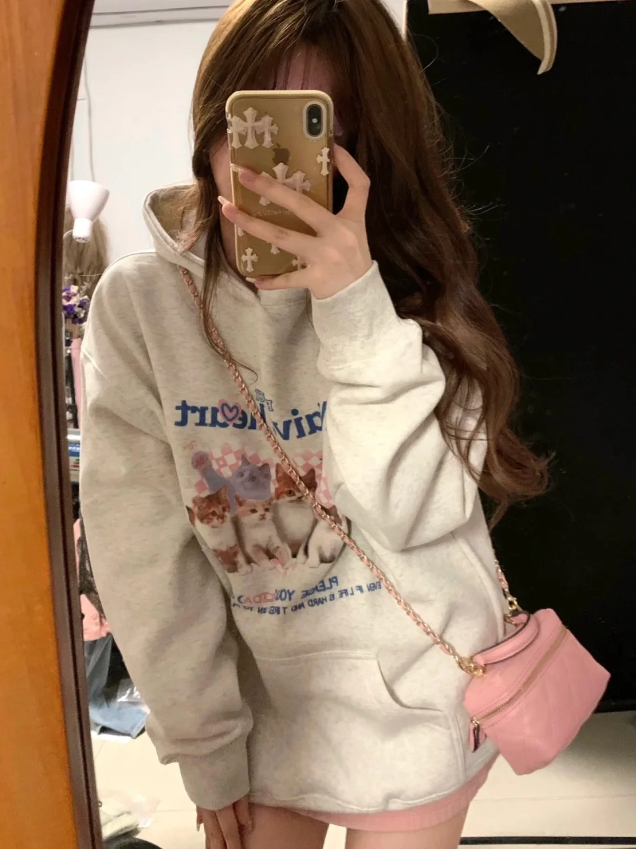 American Retro Kawaii Cat Print Hoodies Women Sweet Cute Aesthetic Animal Sweatshirt Thicken Fleece Winter Casual Harajuku Tops