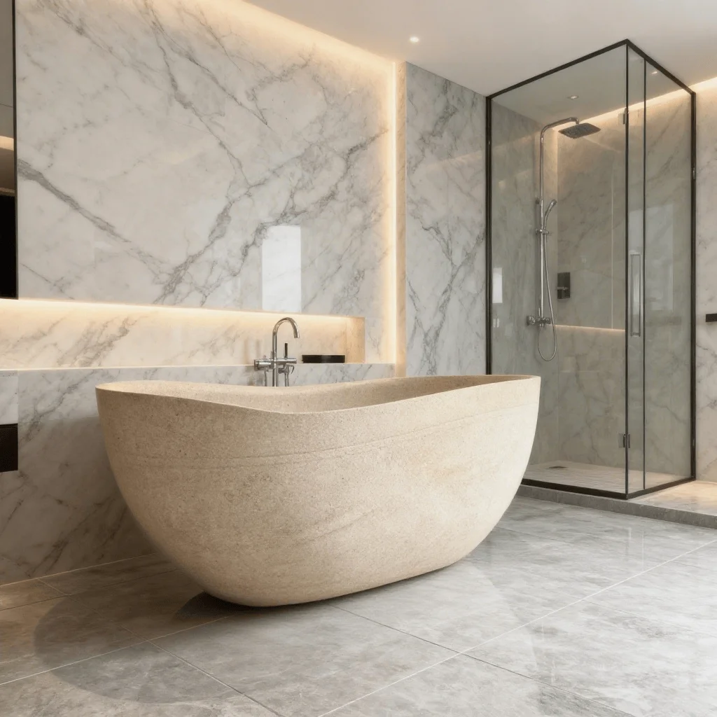 

Natural Yellow Stone Freestanding Bathtub Soaking Drainer Included Oval Shape 60gal+ Capacity Modern Design for Villa Bathroom