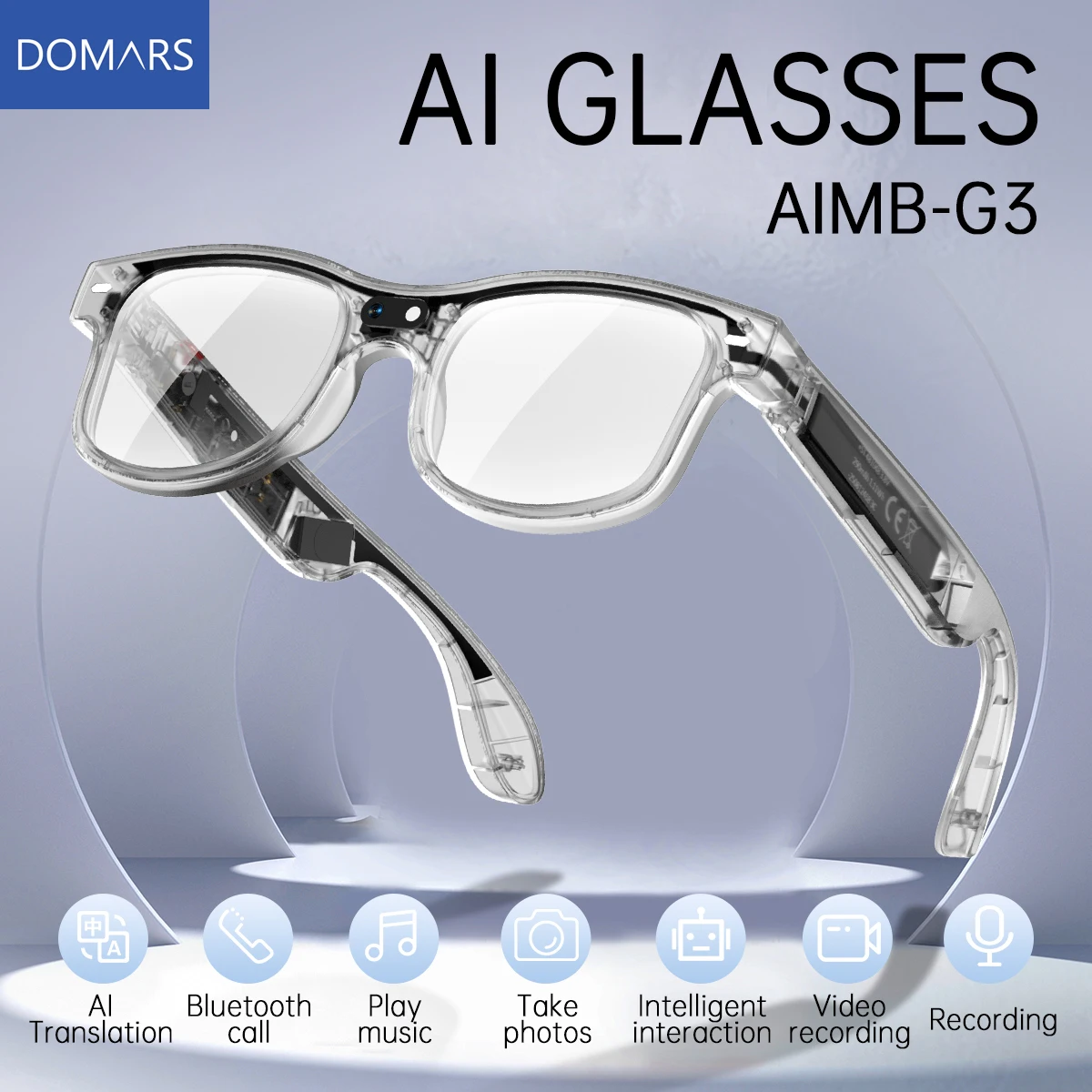 Domars Unisex AI Glasses Smart Real-time Translation ChatGPT Voice Assistant HD Image Capture Recognition Wi-Fi Transmission