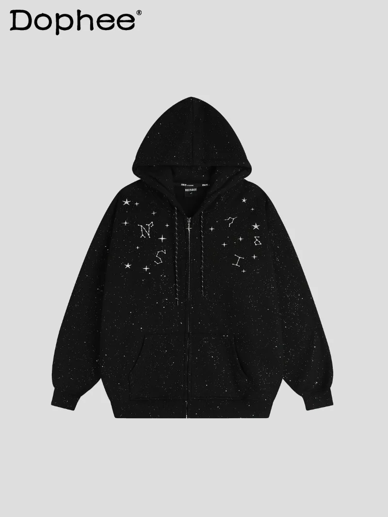 American Retro Fashion Trend Heavy Craft Starry Sky Hooded Sweatshirt Fleece Lined Warm Zipper Cardigan Jacket for Men