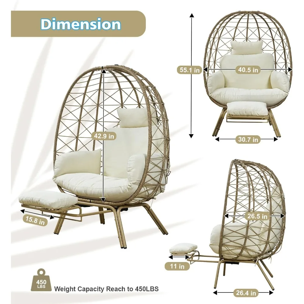 Wicker Egg Chair with Cushion & Footrest - Oversized 450lb Capacity Boho Hanging Chair for Indoor/Outdoor - Beige Rattan Lounge