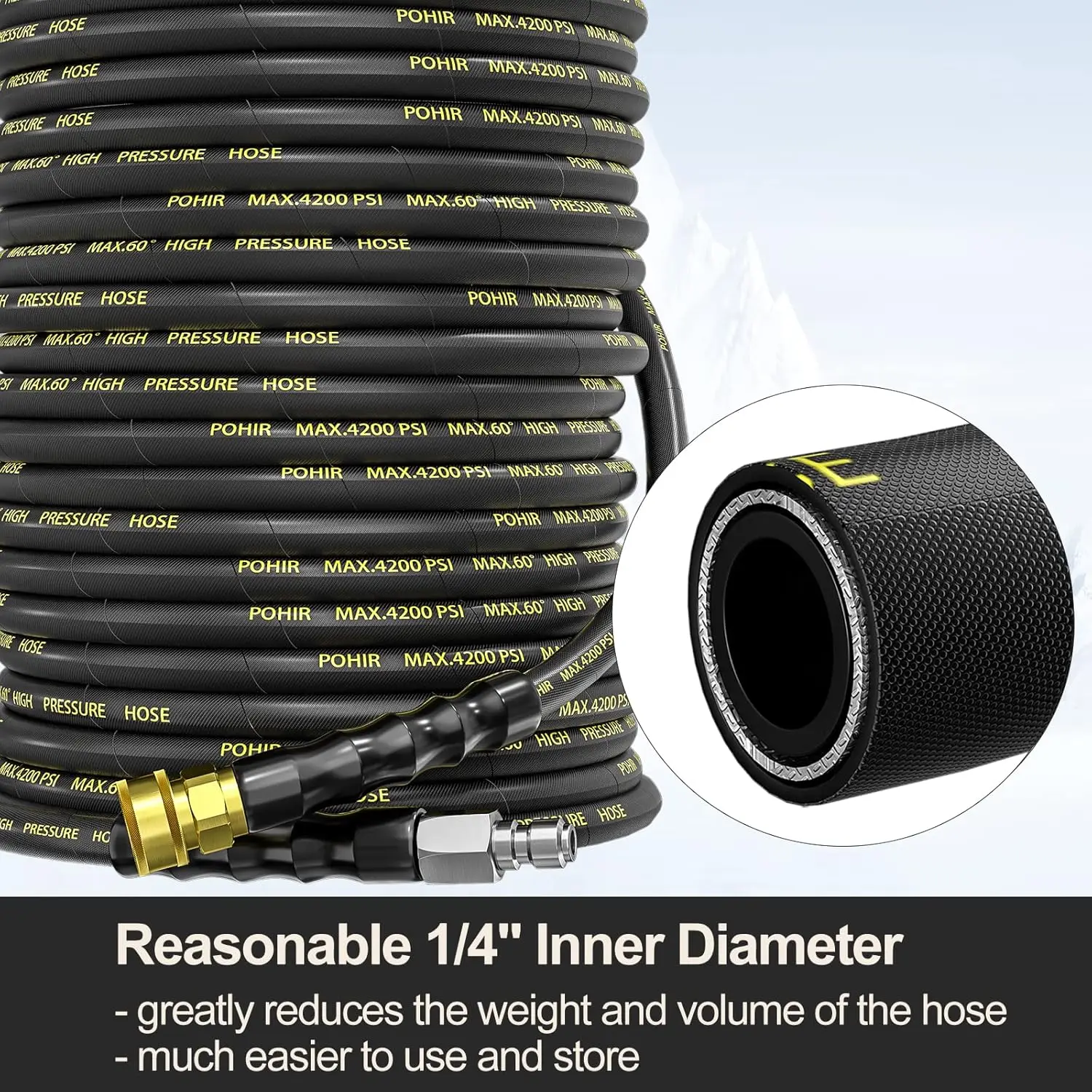 Pressure Washer Hose 150 FT with 3/8'' Quick Connect, High Tensile Wire Braided Power Washer Hose with 2 Quick Connect Kit