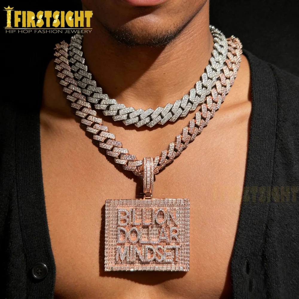 New Letter Billion Dollar Mindset Pendant Necklace for Men Iced Out Cubic Zirconia Luxury 15MM Cuban Chain Hip Hop Jewelry