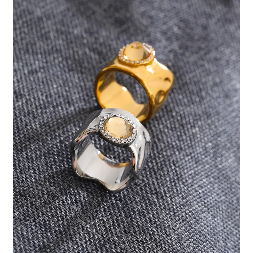 Yhpup Stainless Steel Zirconia Wide Casting Ring Hypoallergenic Metal Individualistic Trendy Finger Jewelry