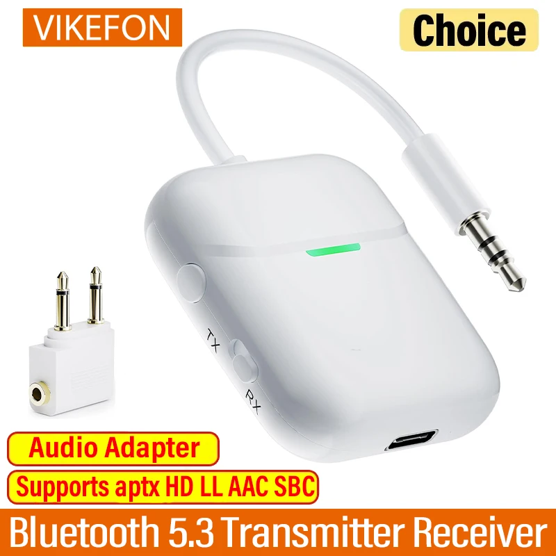 2-in-1 Wireless Audio Adapter Bluetooth 5.3 Transmitter Receiver aptx HD LL AAC SBC 3.5mm AUX RCA Jack for PC TV Headphones