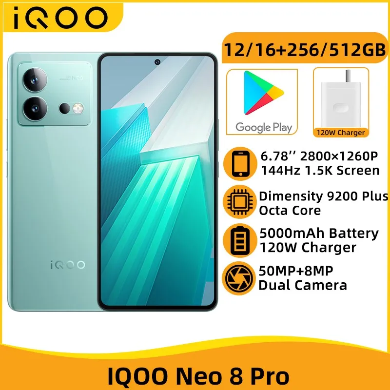 IQOO Neo 8 Pro 5G NFC Dimensity 9200 Plus Octa Core 6.78'' 144HZ AMOLED Display 50MP Camera 5000mAh Battery 120W Fast Charger