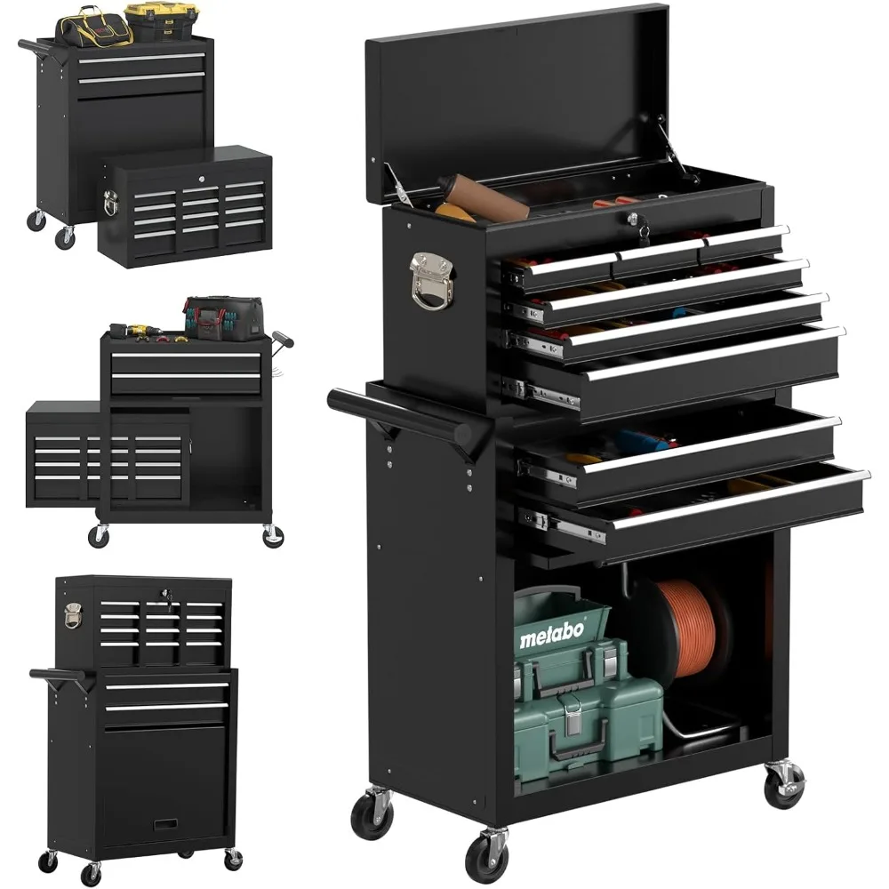 

8 Drawer High Capacity Rolling Tool Chest, Metal Tool Box with Wheels and Drawers, Detachable Toolbox with Lock, Heavy Duty Tool