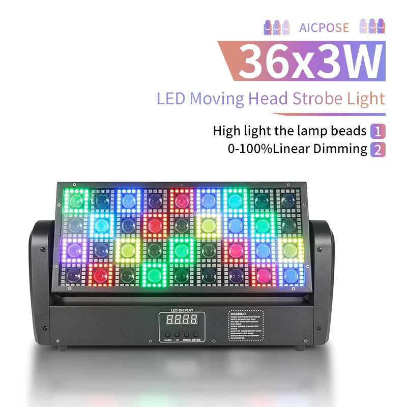 

AICPOSE 36x3w STROBE BEAM 200W Lights Stage Washing Moving Head Lighting With Warm White Effect DMX512 For DJ Disco Bar Party