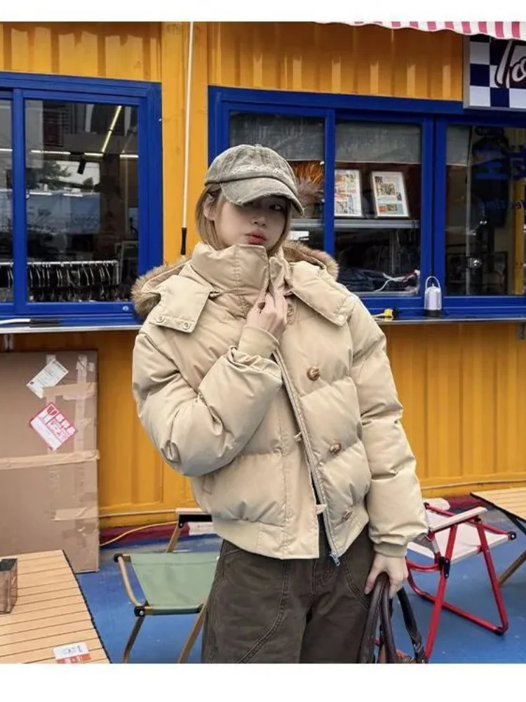 Women's Loose Fit Short Down Cotton Detachable Hat Fur Collar Winter Warm Thickened Outerwear Slimming Fashiona Parkas