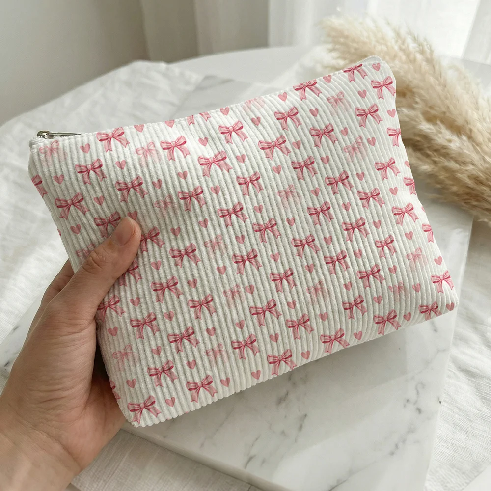 Corduroy Cosmetic Bag Sweet Cute Pink Bow Heart Pattern Print Zipper Pouch Portable Travel Makeup Storage Pouch for Girls