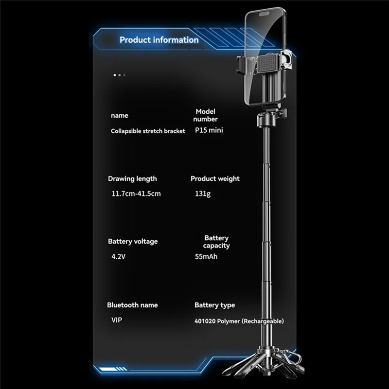 AA60-P15 Mini Selfie Stick ขาตั้งกล้อง, ขาตั้งกล้องโทรศัพท์แบบยืดได้พร้อมรีโมทที่ถอดออกได้สําหรับการถ่ายภาพ Vlog