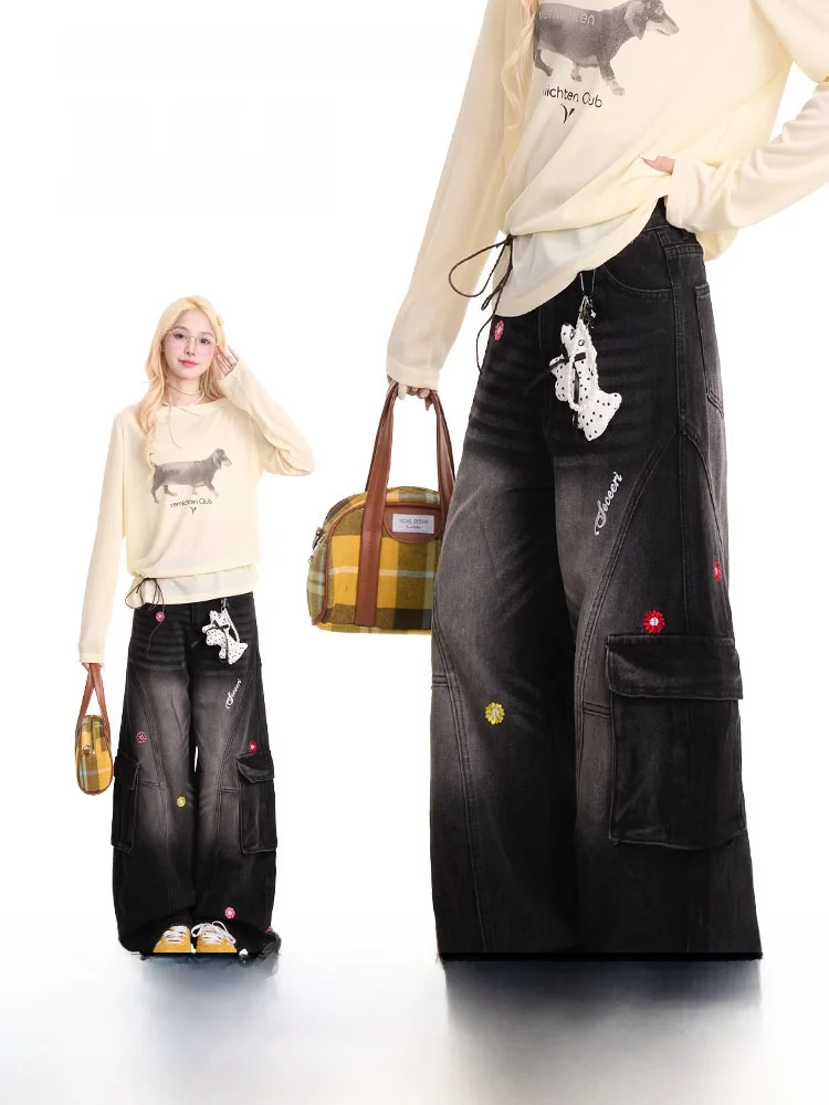 

NERESUM Casual Workwear Denim Pants Women's Embroidered Washed Wide Leg Straight Cut Trousers High Waist Long Pants